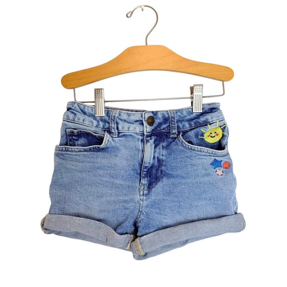 Mini Boden Girls Blue Denim Embroidered Sun Rainbow Star Shorts Size 8Y